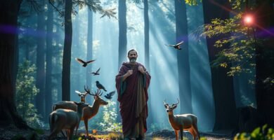 Bild des Heiligen Franziskus in der Mitte eines Feldes, umgeben von Tieren und Bäumen sowie fliegenden Vögeln. Im Hintergrund ist ein weißes Licht zu sehen, das hinter die Bäume fällt und es erleuchtet, was ihm eine göttliche Aura verleiht.