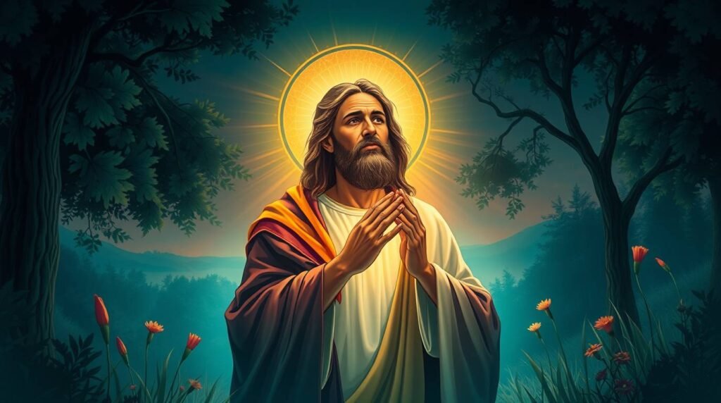 Bild im Zeichnungsformat eines Gemäldes von Jesus, der mitten in einem Wald mit Bäumen im Hintergrund betet. Auf seinem Kopf hat er eine Aura, die ein göttliches Licht ausstrahlt