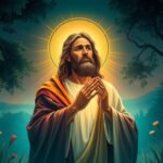 Bild im Zeichnungsformat eines Gemäldes von Jesus, der mitten in einem Wald mit Bäumen im Hintergrund betet. Auf seinem Kopf hat er eine Aura, die ein göttliches Licht ausstrahlt