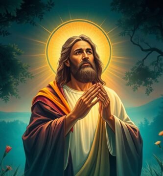 Bild im Zeichnungsformat eines Gemäldes von Jesus, der mitten in einem Wald mit Bäumen im Hintergrund betet. Auf seinem Kopf hat er eine Aura, die ein göttliches Licht ausstrahlt