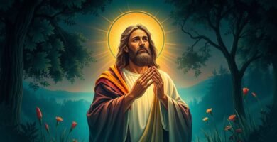 Bild im Zeichnungsformat eines Gemäldes von Jesus, der mitten in einem Wald mit Bäumen im Hintergrund betet. Auf seinem Kopf hat er eine Aura, die ein göttliches Licht ausstrahlt