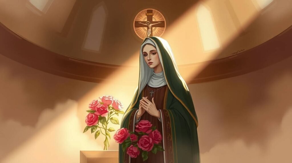 Bild im Malstil der Heiligen Rita, die in einer Kapelle betet, mit einem Kreuz auf der Spitze, Blumen an den Seiten und einem Licht, das durch das Fenster darüber hereinfällt und die Szene erhellt