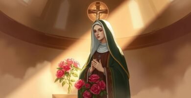 Bild im Malstil der Heiligen Rita, die in einer Kapelle betet, mit einem Kreuz auf der Spitze, Blumen an den Seiten und einem Licht, das durch das Fenster darüber hereinfällt und die Szene erhellt