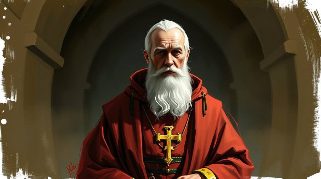 Bild des Heiligen Benedikt mit rotem Habit und einem Kreuz auf der Brust, der geradeaus blickt, mit einem Tempel im Hintergrund. Der Rahmen hat weiße Linien, die dem Bild eine besondere religiöse Note verleihen.