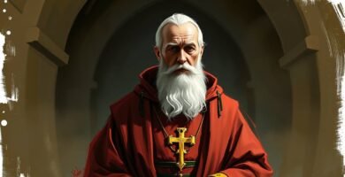 Bild des Heiligen Benedikt mit rotem Habit und einem Kreuz auf der Brust, der geradeaus blickt, mit einem Tempel im Hintergrund. Der Rahmen hat weiße Linien, die dem Bild eine besondere religiöse Note verleihen.