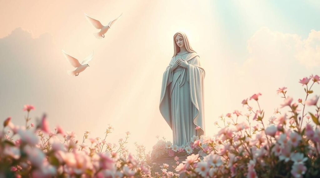 Stellen Sie sich die Statue der Jungfrau Maria inmitten eines Feldes aus rosa Blumen vor, um das weiße Vögel fliegen, und im Hintergrund ein Himmel in Rosa- und Hellblautönen, der dem Bild eine himmlische Aura verleiht.