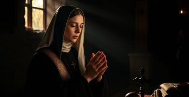 Bild der Heiligen Teresa, die in einer Hütte kniet und betet, vor ihr liegen ein Kreuz und eine Bibel, und durch das Fenster fällt Licht.