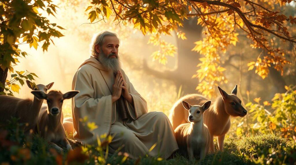 Bild eines alten Mannes in weißer Tracht, der betet, während er im Wald sitzt und von Tieren umgeben ist.