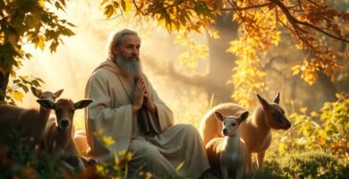 Bild eines alten Mannes in weißer Tracht, der betet, während er im Wald sitzt und von Tieren umgeben ist.