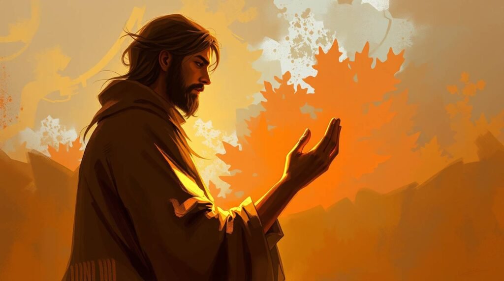 Bild im Aquarell-Malstil von Jesus, der mit ausgestreckten Händen in einem Wald betet, mit malerischer Beleuchtung und den Farben Rot, Rosa und Orange.