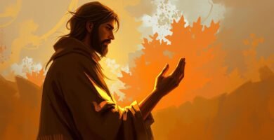 Bild im Aquarell-Malstil von Jesus, der mit ausgestreckten Händen in einem Wald betet, mit malerischer Beleuchtung und den Farben Rot, Rosa und Orange.