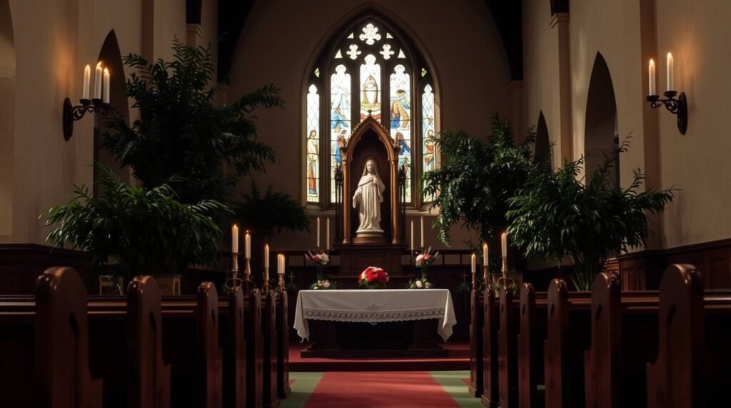Bild des Innenraums einer Kirche mit Blick auf die Jesusstatue, die Fenster mit religiösen Dekorationen und Pflanzen auf beiden Seiten des Raumes