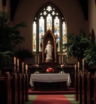 Bild des Innenraums einer Kirche mit Blick auf die Jesusstatue, die Fenster mit religiösen Dekorationen und Pflanzen auf beiden Seiten des Raumes