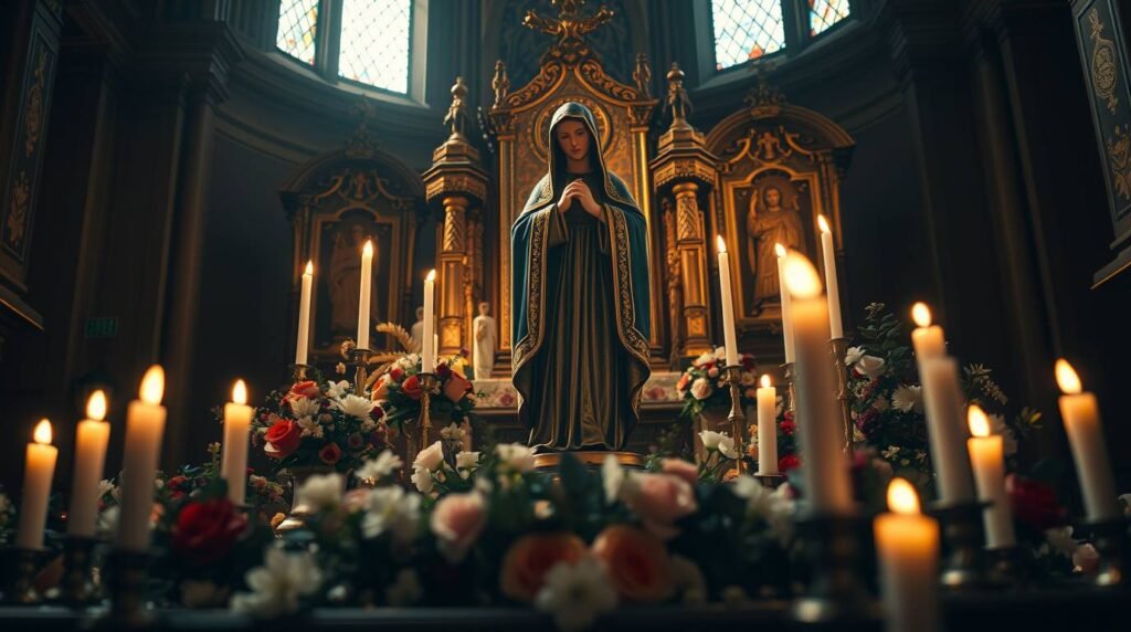 Bild der Statue der Jungfrau Maria auf einem Kirchensockel, umgeben von Blumen und brennenden Kerzen