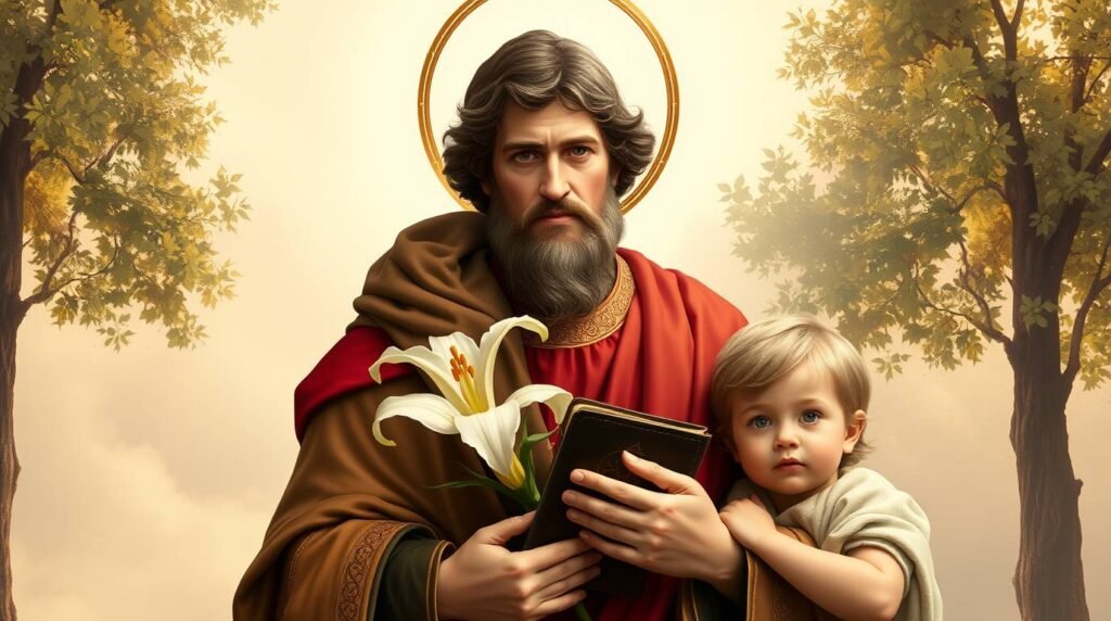 Bild des Heiligen Antonius neben einem Kind mit einer Bibel und einer Blume in seinen Händen, im Hintergrund haben wir einen Wald mit 2 Bäumen an den Seiten, das Bild hat einen Malstil