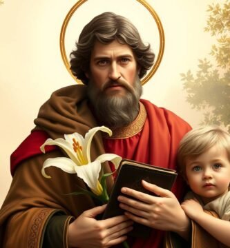 Bild des Heiligen Antonius neben einem Kind mit einer Bibel und einer Blume in seinen Händen, im Hintergrund haben wir einen Wald mit 2 Bäumen an den Seiten, das Bild hat einen Malstil