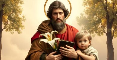 Bild des Heiligen Antonius neben einem Kind mit einer Bibel und einer Blume in seinen Händen, im Hintergrund haben wir einen Wald mit 2 Bäumen an den Seiten, das Bild hat einen Malstil