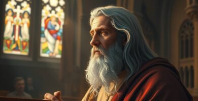 Bild eines älteren Mannes in Ordenstracht, der in einer Kirche voller Menschen betet. Im Hintergrund sind einige Fenster mit religiösen Dekorationen zu sehen.