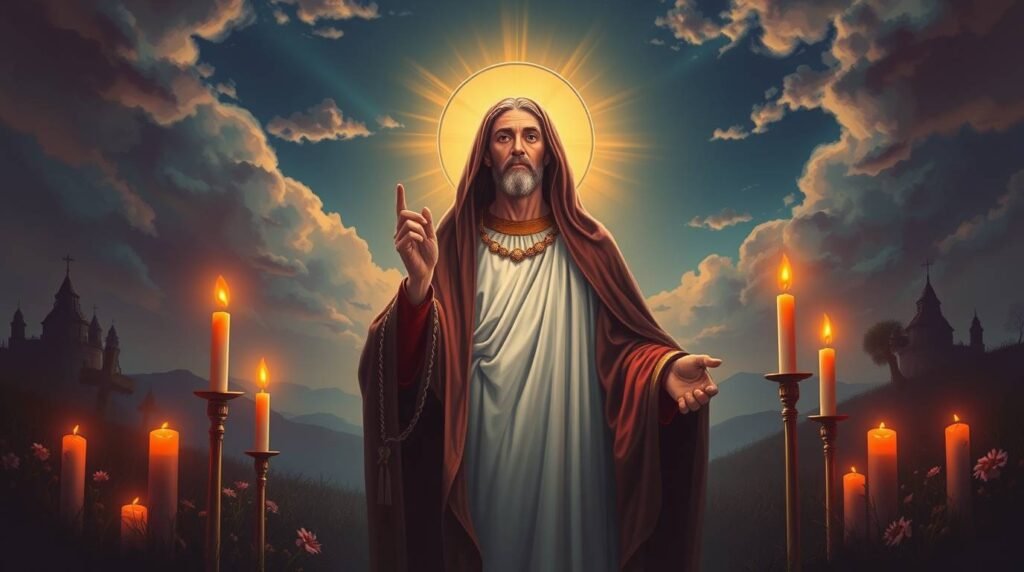 Bild von Christus, der mit erhobenen Händen geradeaus blickt, umgeben von Kerzen und einem klaren Himmel mit Wolken an den Seiten im Hintergrund.
