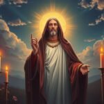 Bild von Christus, der mit erhobenen Händen geradeaus blickt, umgeben von Kerzen und einem klaren Himmel mit Wolken an den Seiten im Hintergrund.