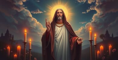 Bild von Christus, der mit erhobenen Händen geradeaus blickt, umgeben von Kerzen und einem klaren Himmel mit Wolken an den Seiten im Hintergrund.