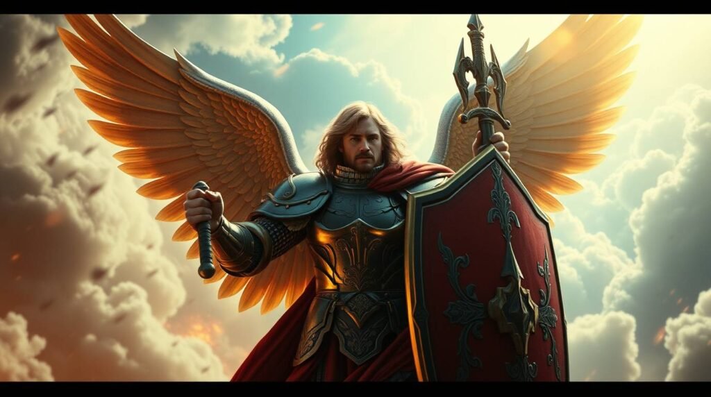Modernes Bild des Erzengels Michael mit Schild und Rüstung am Himmel vor einem Wolkenhintergrund und intensivem Licht, das auf ihn fällt.