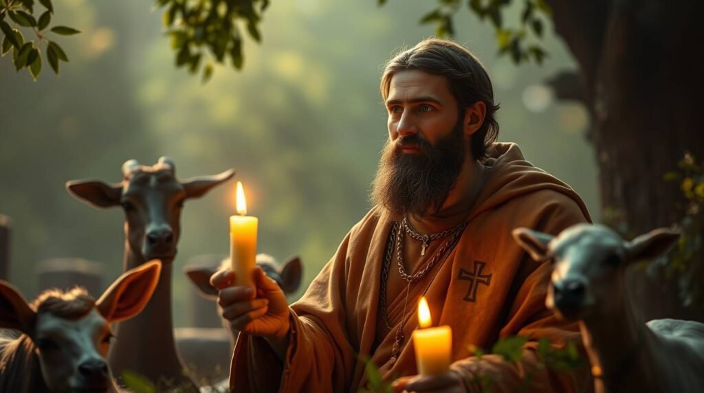 Bild eines bärtigen Priesters, der mit zwei Kerzen in den Händen im Wald sitzt und von Tieren umgeben ist