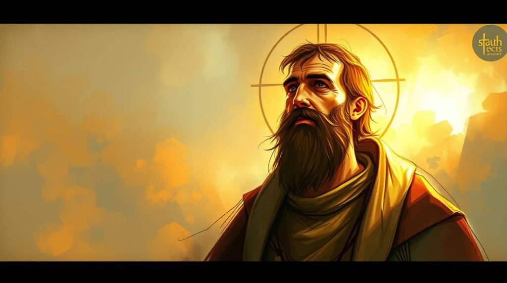 Bild eines Priesters, der zum Horizont blickt, mit dem Sonnenuntergang im Hintergrund und einem göttlichen Licht, das die gesamte Szene erhellt