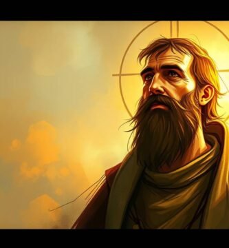 Bild eines Priesters, der zum Horizont blickt, mit dem Sonnenuntergang im Hintergrund und einem göttlichen Licht, das die gesamte Szene erhellt