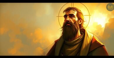 Bild eines Priesters, der zum Horizont blickt, mit dem Sonnenuntergang im Hintergrund und einem göttlichen Licht, das die gesamte Szene erhellt