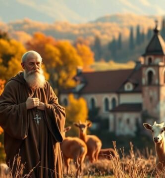 Bild eines alten Mannes auf dem Land im Herbst mit Tieren an der Seite und einer Kirche im Hintergrund