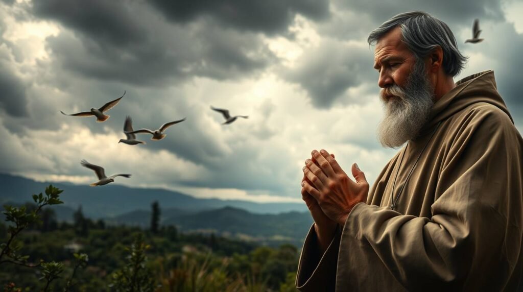 Bild eines betenden Mönchs in Tracht vor einem Hintergrund, auf dem man Bäume, fliegende Vögel und einen bewölkten Himmel sieht.