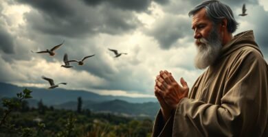 Bild eines betenden Mönchs in Tracht vor einem Hintergrund, auf dem man Bäume, fliegende Vögel und einen bewölkten Himmel sieht.