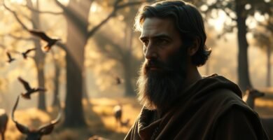 Bild des Heiligen Franz von Assisi, der mitten in einem Wald zum Horizont blickt, auf den Sonnenstrahlen fallen und auf den Tiere in der Umgebung blicken