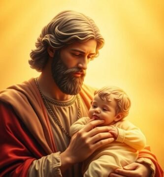 Bild des Heiligen Josef mit einem Kind in seinen Armen und einem unscharfen Hintergrund, der ein intensives göttliches Licht darstellt, das vom Himmel fällt und ihn erleuchtet.