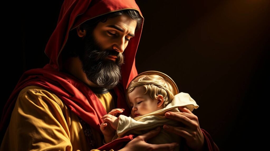 Bild des Heiligen Josef mit geschlossenen Augen, der in einer dunklen Umgebung ein Baby in den Händen hält und von einem schwachen Lichtstrahl erhellt wird.
