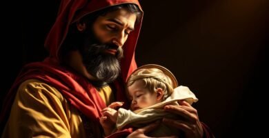 Bild des Heiligen Josef mit geschlossenen Augen, der in einer dunklen Umgebung ein Baby in den Händen hält und von einem schwachen Lichtstrahl erhellt wird.