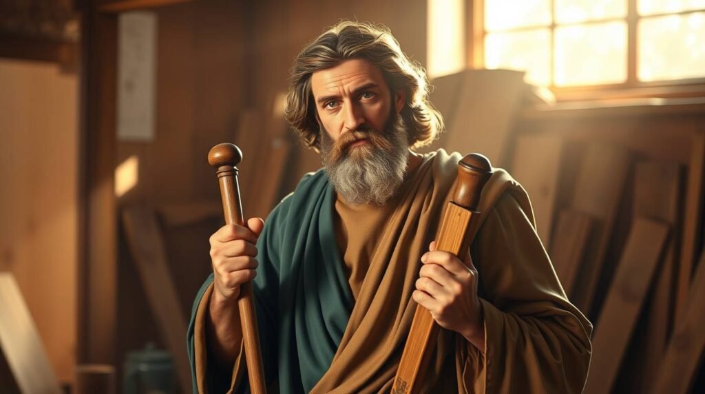 Bild des Heiligen Josef mit Tischlerwerkzeugen in den Händen, im Hintergrund eine Tischlerei