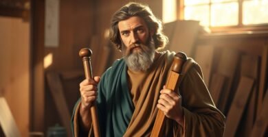 Bild des Heiligen Josef mit Tischlerwerkzeugen in den Händen, im Hintergrund eine Tischlerei