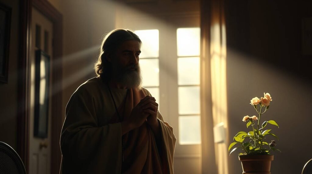 Bild eines Priesters, der in einem Haus betet, durch dessen Fenster Lichtstrahlen fallen und auf dem Tisch neben ihm ein Topf mit einer Pflanze steht.