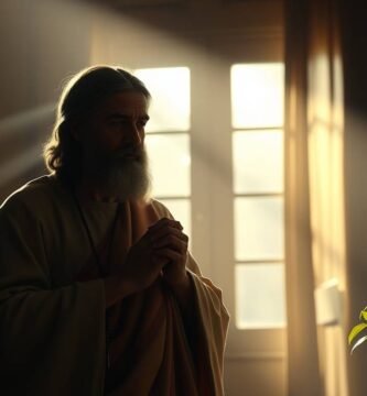 Bild eines Priesters, der in einem Haus betet, durch dessen Fenster Lichtstrahlen fallen und auf dem Tisch neben ihm ein Topf mit einer Pflanze steht.
