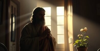 Bild eines Priesters, der in einem Haus betet, durch dessen Fenster Lichtstrahlen fallen und auf dem Tisch neben ihm ein Topf mit einer Pflanze steht.