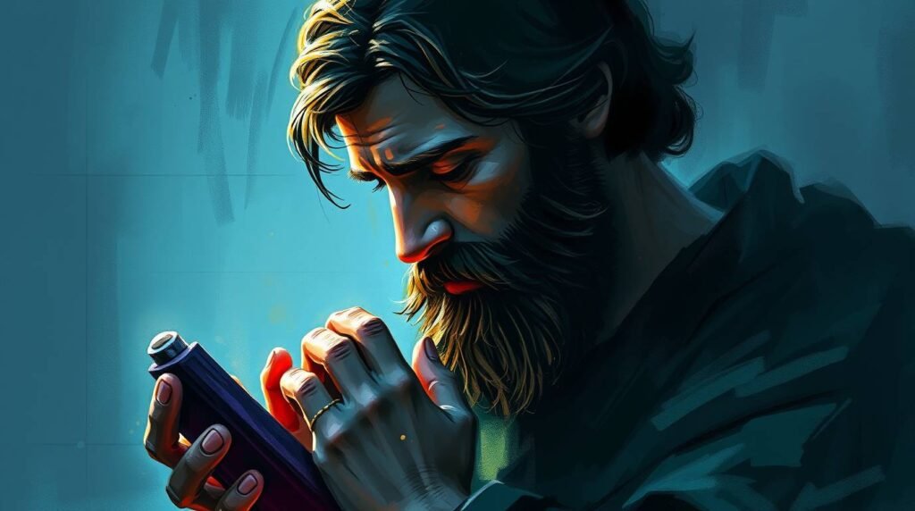 Nahaufnahme des Heiligen Josef mit geschlossenen Augen im Malstil