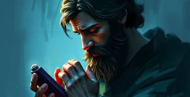 Nahaufnahme des Heiligen Josef mit geschlossenen Augen im Malstil