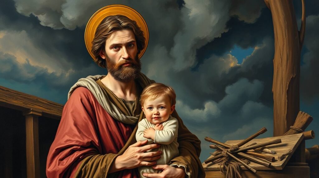 Bild des Heiligen Josef in gemaltem Stil, der ein Kind in seinen Armen trägt, mit einer Tischlerei und Holz im Hintergrund.