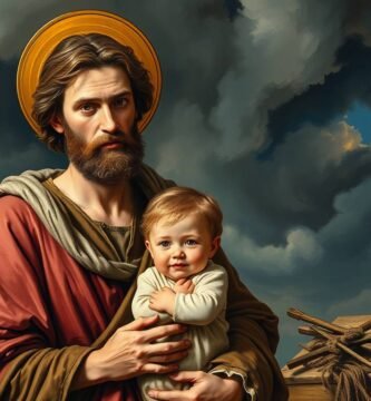 Bild des Heiligen Josef in gemaltem Stil, der ein Kind in seinen Armen trägt, mit einer Tischlerei und Holz im Hintergrund.