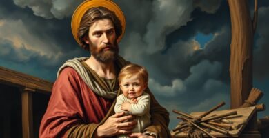 Bild des Heiligen Josef in gemaltem Stil, der ein Kind in seinen Armen trägt, mit einer Tischlerei und Holz im Hintergrund.