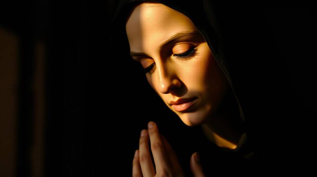 Bild der Heiligen Rita im Vordergrund, die mit geschlossenen Augen betet und von einem Lichtstrahl erhellt wird