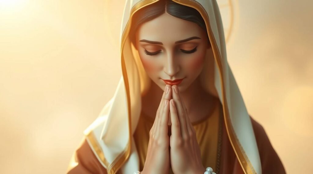 Nahaufnahme der Heiligen Rita, die mit geschlossenen Augen betet, mit einem Hintergrund in Weiß und Rosa mit Farbverlauf und einem sanften Licht, das vom Himmel fällt und die Szene mit einer göttlichen Note erhellt.