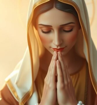 Nahaufnahme der Heiligen Rita, die mit geschlossenen Augen betet, mit einem Hintergrund in Weiß und Rosa mit Farbverlauf und einem sanften Licht, das vom Himmel fällt und die Szene mit einer göttlichen Note erhellt.